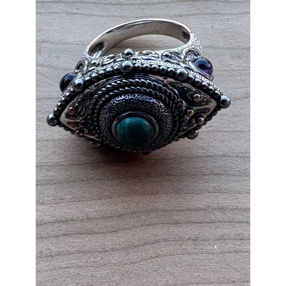 Sterling Silver 925 Ornate Ring w/ Malachite Center & Amethyst Accents Bali Boho - Picture 8 of 12